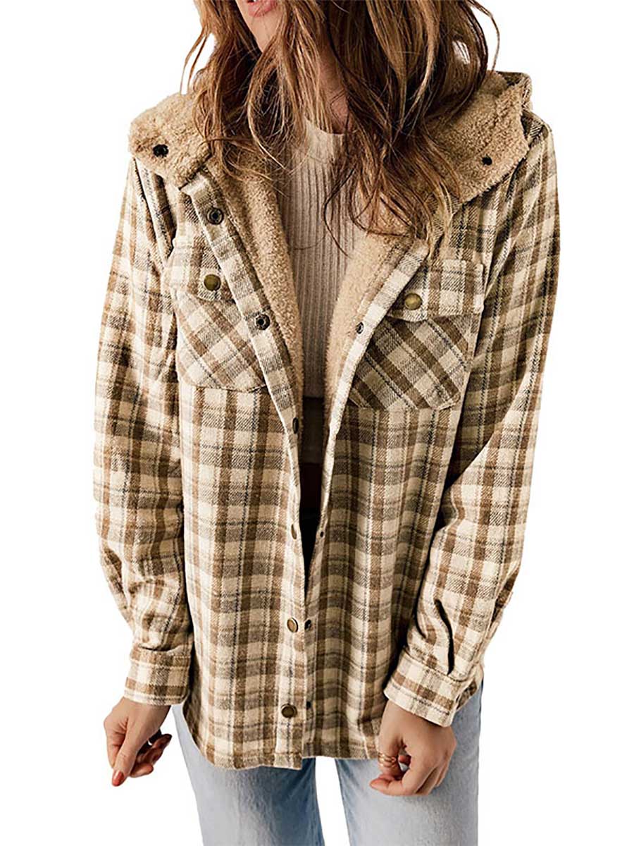 Lunimesd Plaid Long Sleeve Shirt Hooded Thickened Jacket