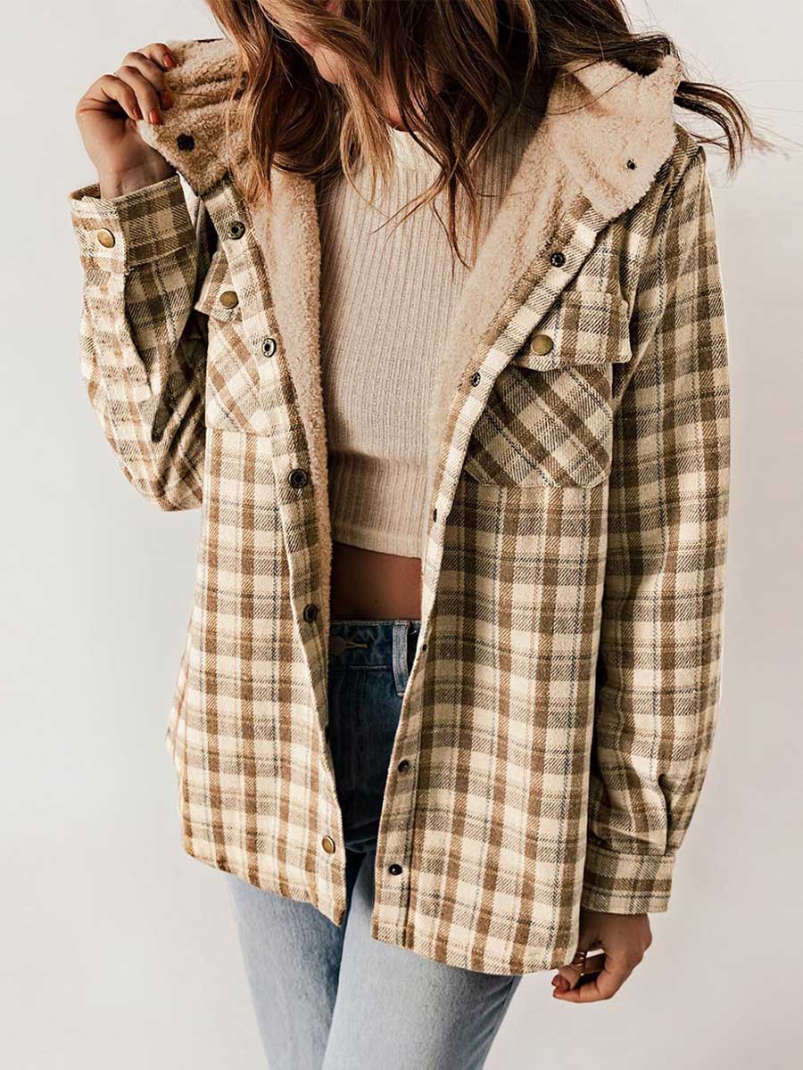 Lunimesd Plaid Long Sleeve Shirt Hooded Thickened Jacket