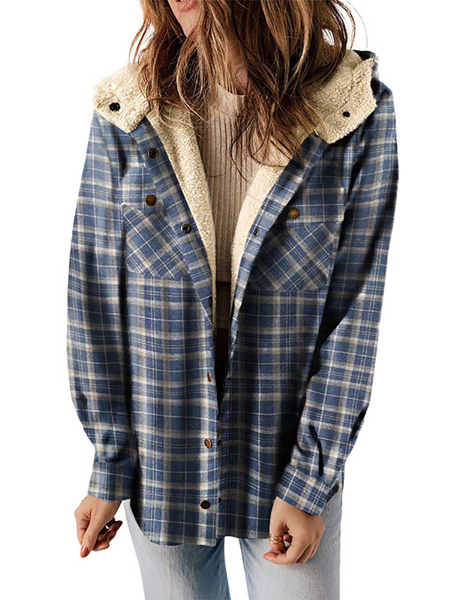 Lunimesd Plaid Long Sleeve Shirt Hooded Thickened Jacket
