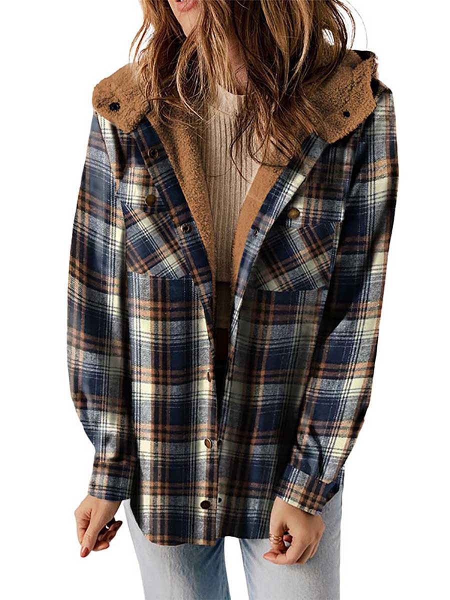 Lunimesd Plaid Long Sleeve Shirt Hooded Thickened Jacket