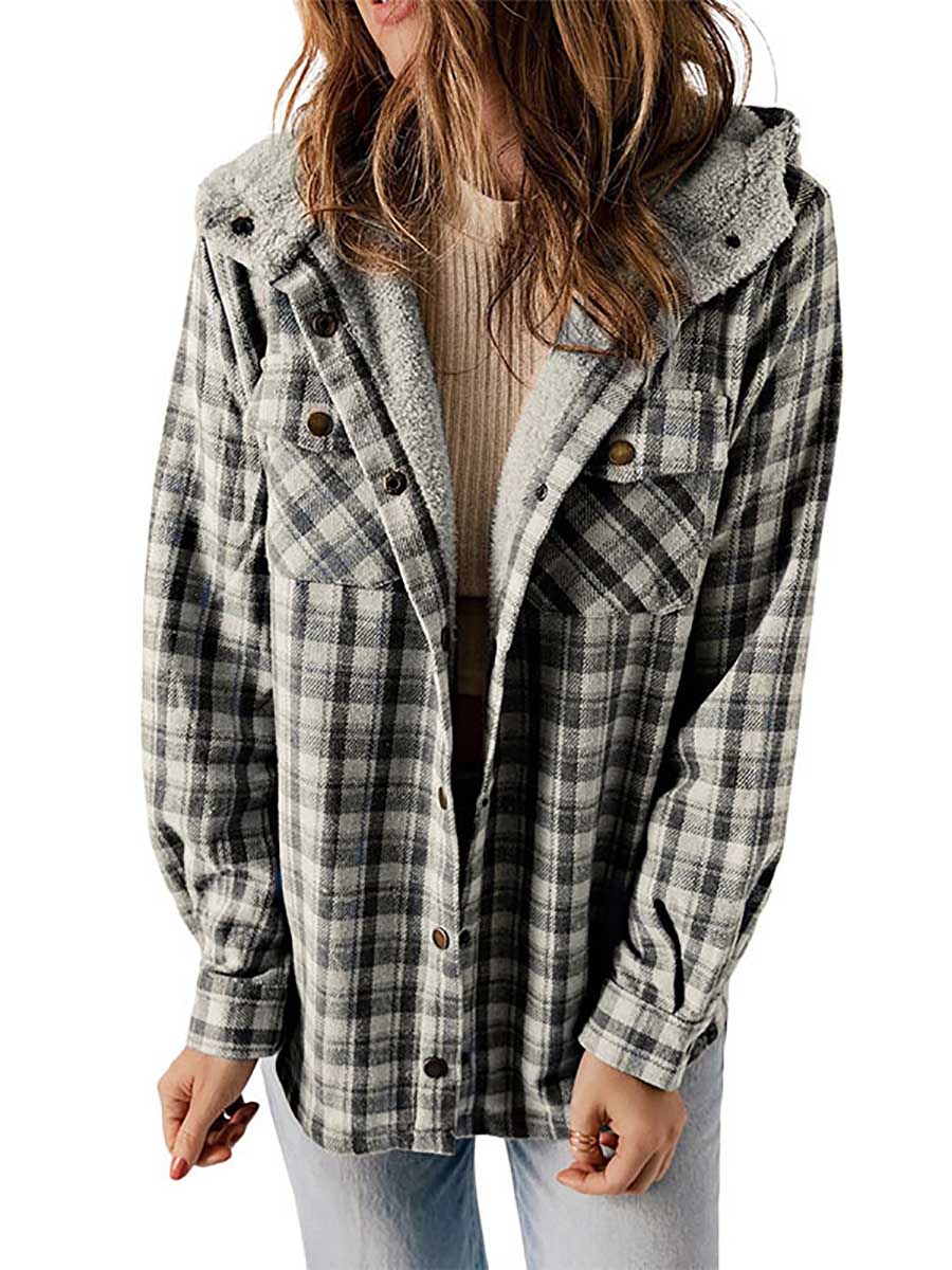 Lunimesd Plaid Long Sleeve Shirt Hooded Thickened Jacket
