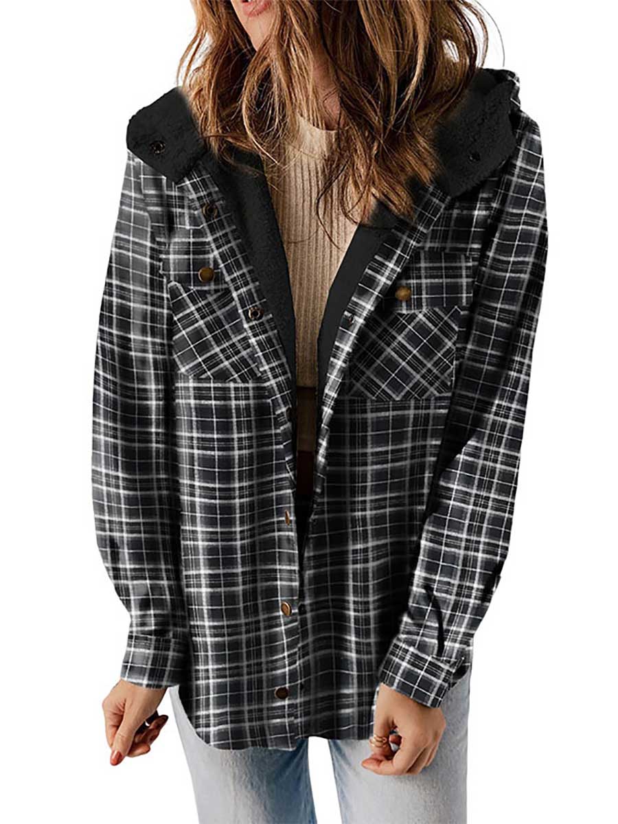 Lunimesd Plaid Long Sleeve Shirt Hooded Thickened Jacket