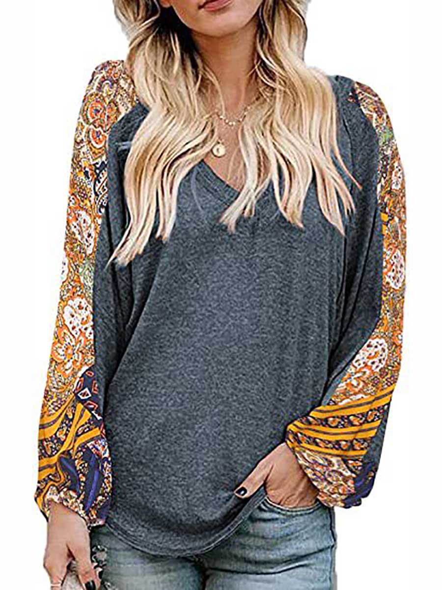 Lunimesd V-Neck Printed Bubble Sleeve Long Sleeve T-Shirt