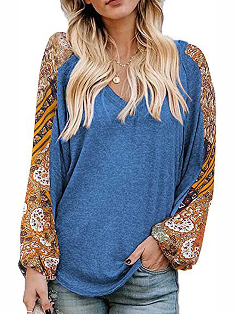 Lunimesd V-Neck Printed Bubble Sleeve Long Sleeve T-Shirt
