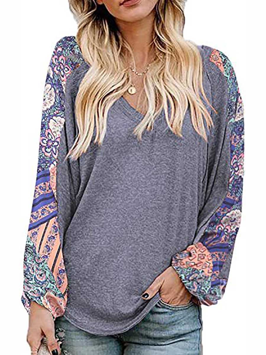 Lunimesd V-Neck Printed Bubble Sleeve Long Sleeve T-Shirt