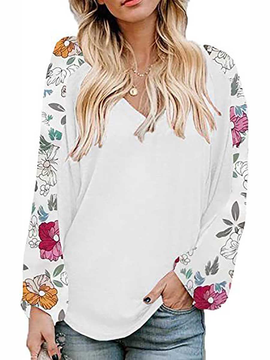 Lunimesd V-Neck Printed Bubble Sleeve Long Sleeve T-Shirt