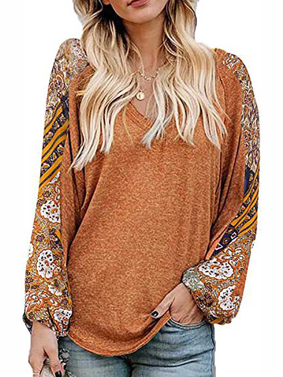 Lunimesd V-Neck Printed Bubble Sleeve Long Sleeve T-Shirt
