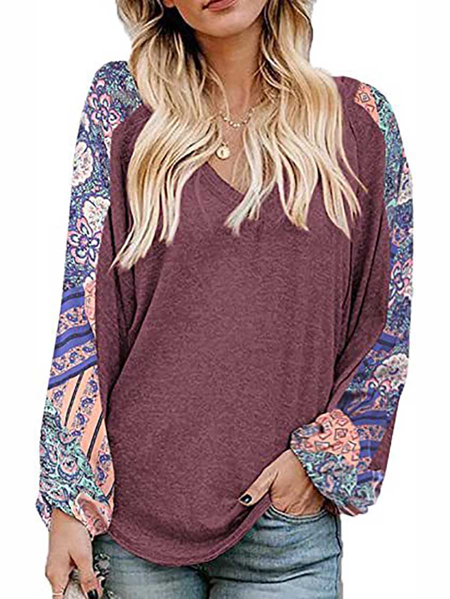 Lunimesd V-Neck Printed Bubble Sleeve Long Sleeve T-Shirt