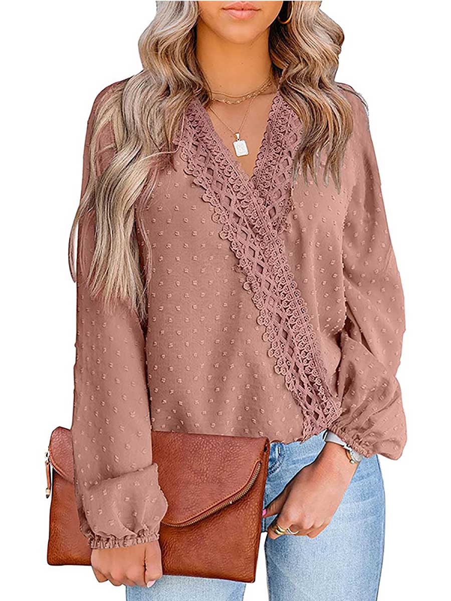 Veleaee Chiffon Casual Lace Blouse V-Neck Top