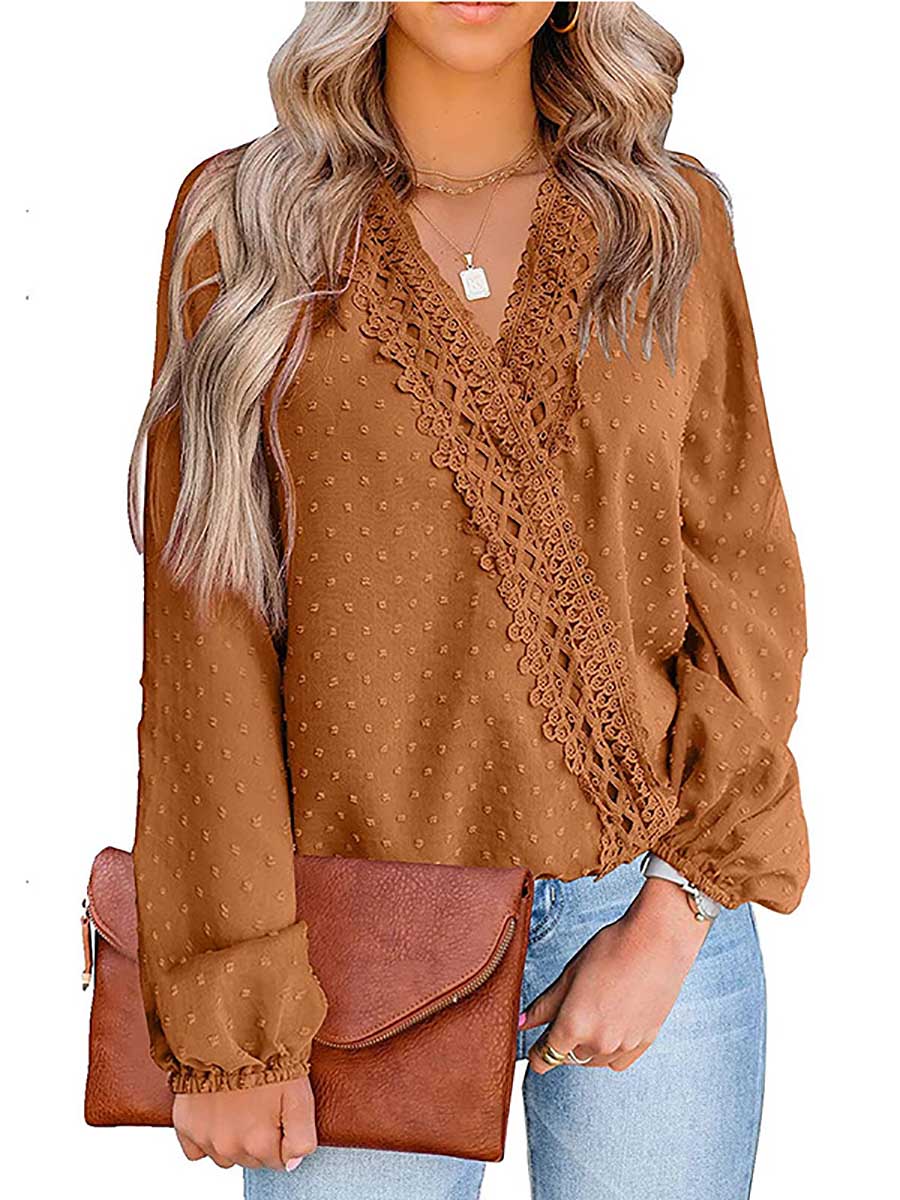 Lunimesd Chiffon Casual Lace Blouse V-Neck Top