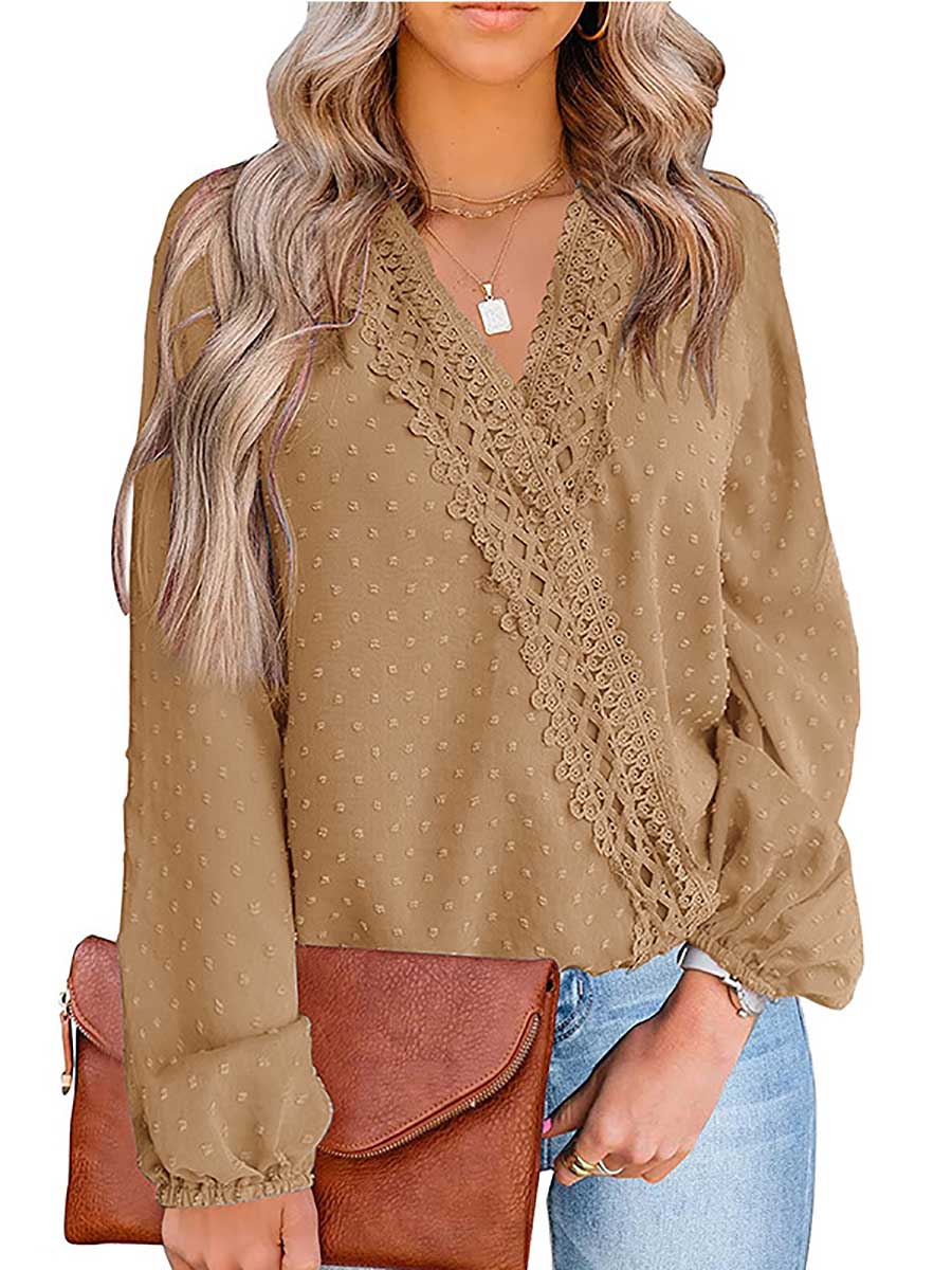 Chiffon Casual Lace Blouse V-Neck Top