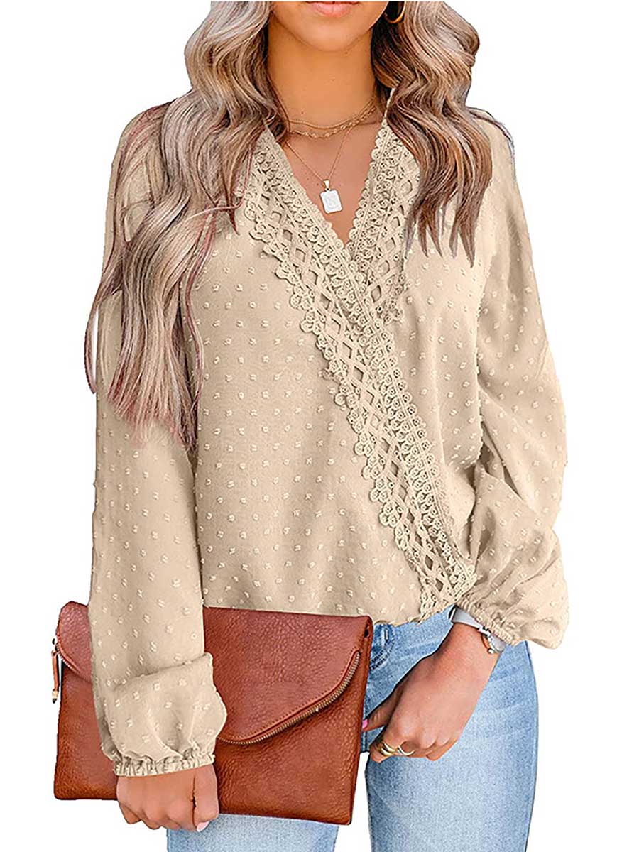 Lunimesd Chiffon Casual Lace Blouse V-Neck Top