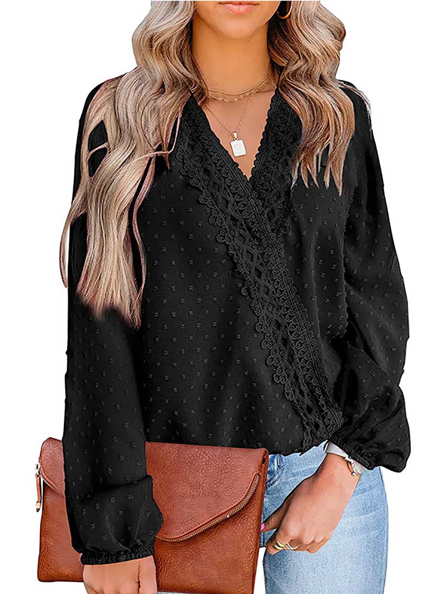 Lunimesd Chiffon Casual Lace Blouse V-Neck Top