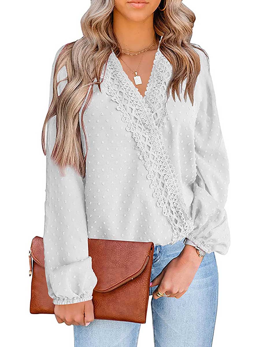 Lunimesd Chiffon Casual Lace Blouse V-Neck Top