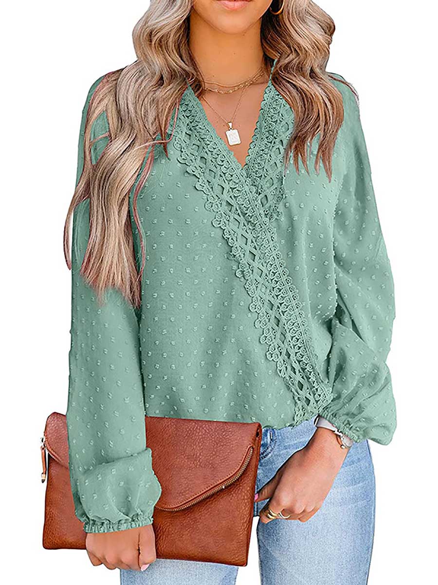 Lunimesd Chiffon Casual Lace Blouse V-Neck Top