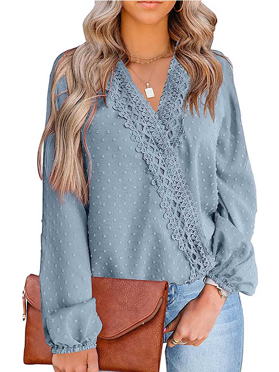 Chiffon Casual Lace Blouse V-Neck Top