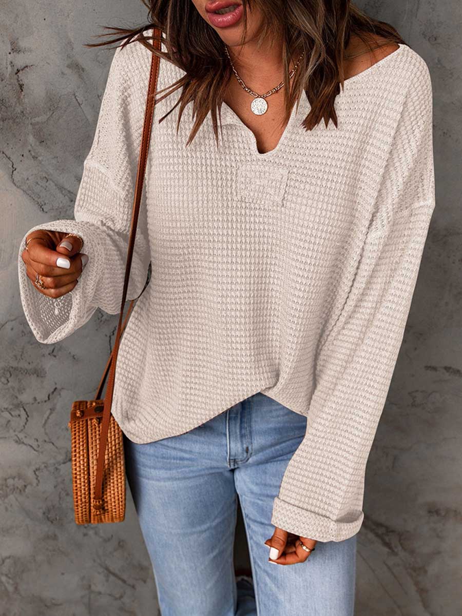 Lunimesd Waffle Knit Long Sleeve V-Neck Sweater