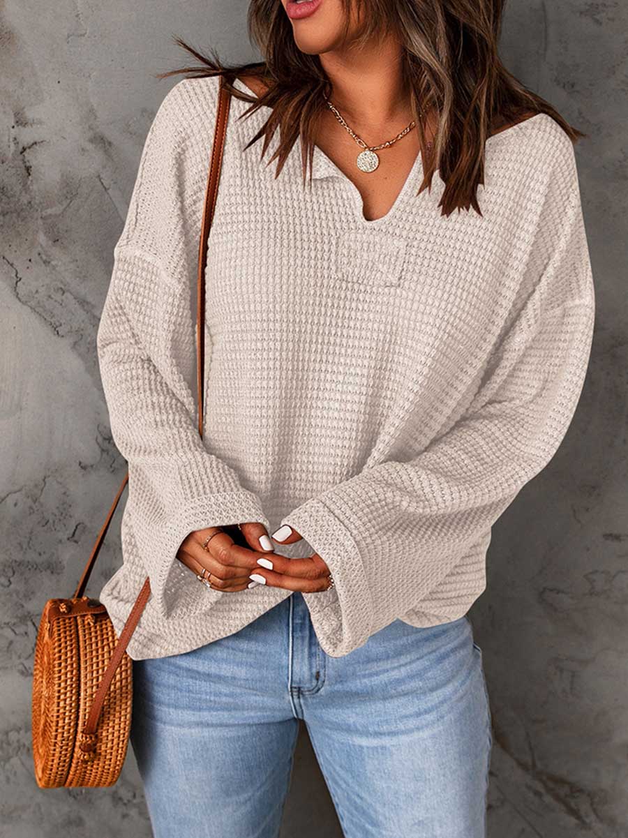 Lunimesd Waffle Knit Long Sleeve V-Neck Sweater