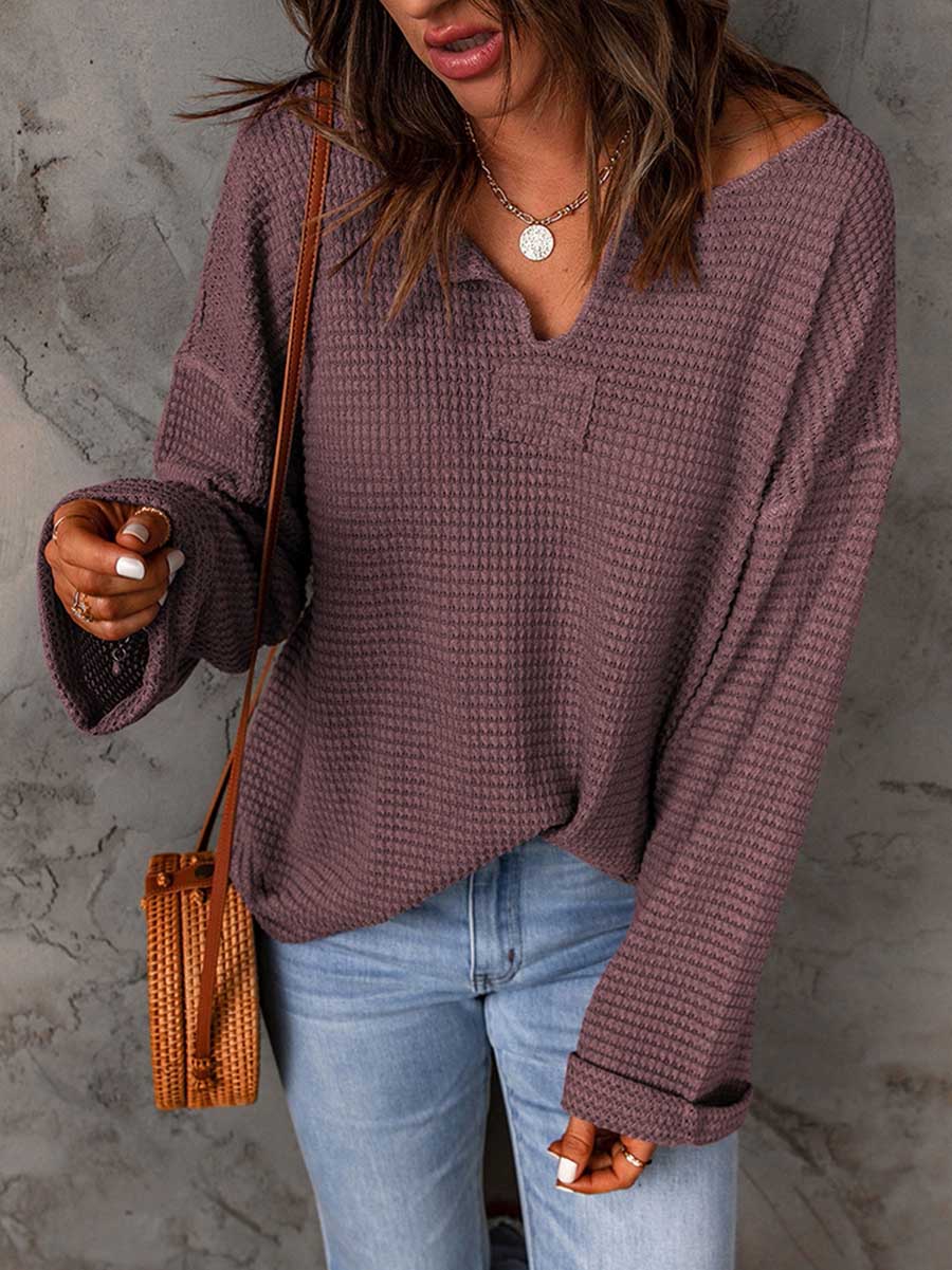 Lunimesd Waffle Knit Long Sleeve V-Neck Sweater