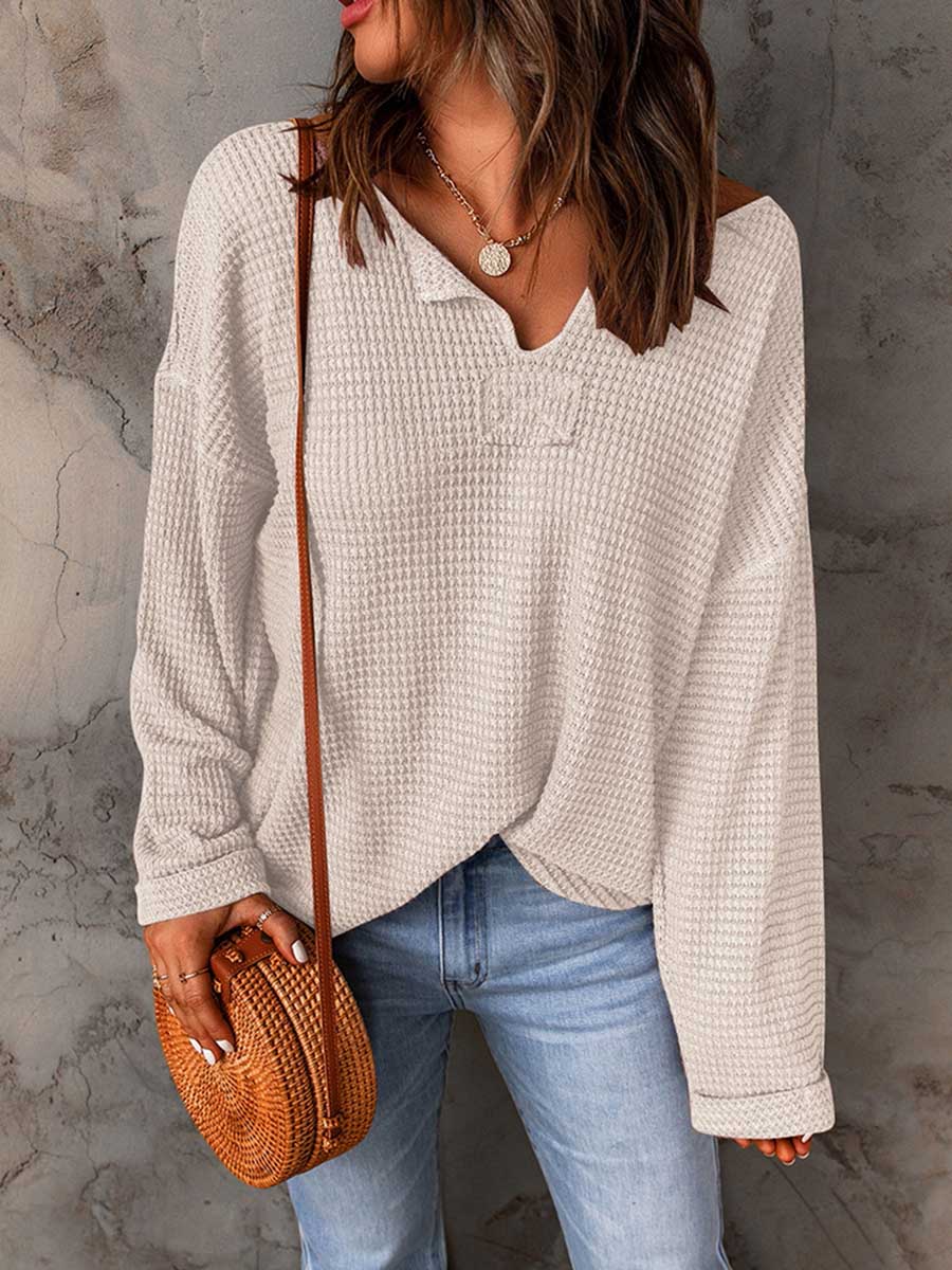 Lunimesd Waffle Knit Long Sleeve V-Neck Sweater