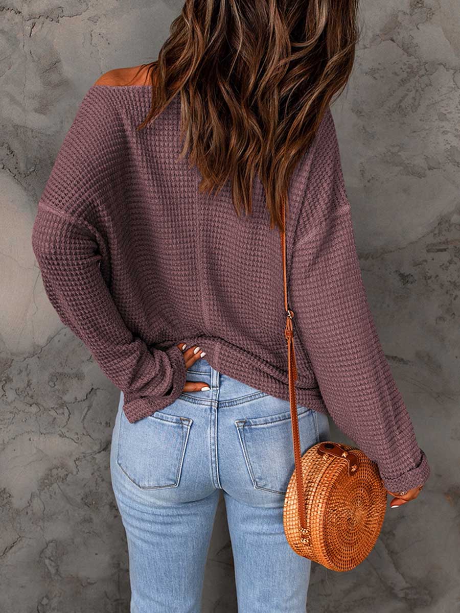 Lunimesd Waffle Knit Long Sleeve V-Neck Sweater