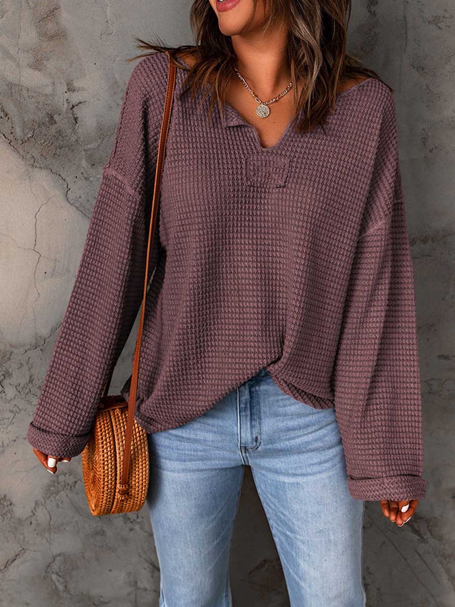 Lunimesd Waffle Knit Long Sleeve V-Neck Sweater