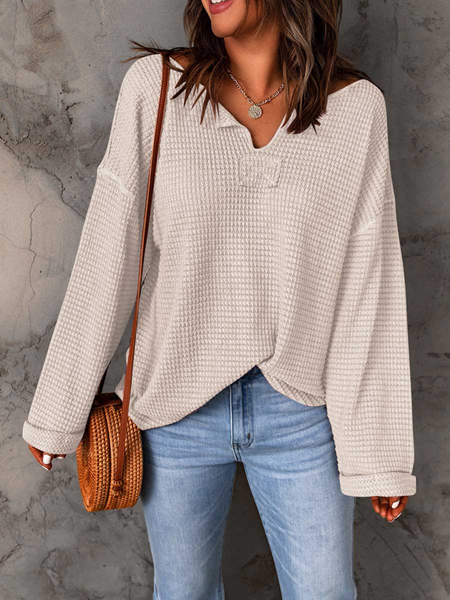 Lunimesd Waffle Knit Long Sleeve V-Neck Sweater