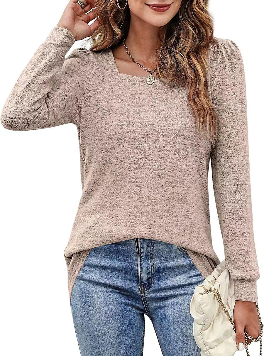Lunimesd Solid Color U-Neck Ruffled Long Sleeve Casual Shirt