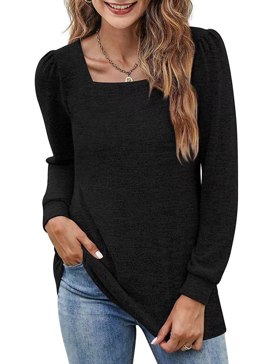 Lunimesd Solid Color U-Neck Ruffled Long Sleeve Casual Shirt