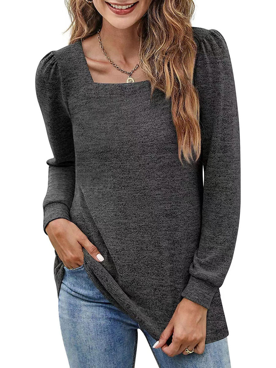 Lunimesd Solid Color U-Neck Ruffled Long Sleeve Casual Shirt