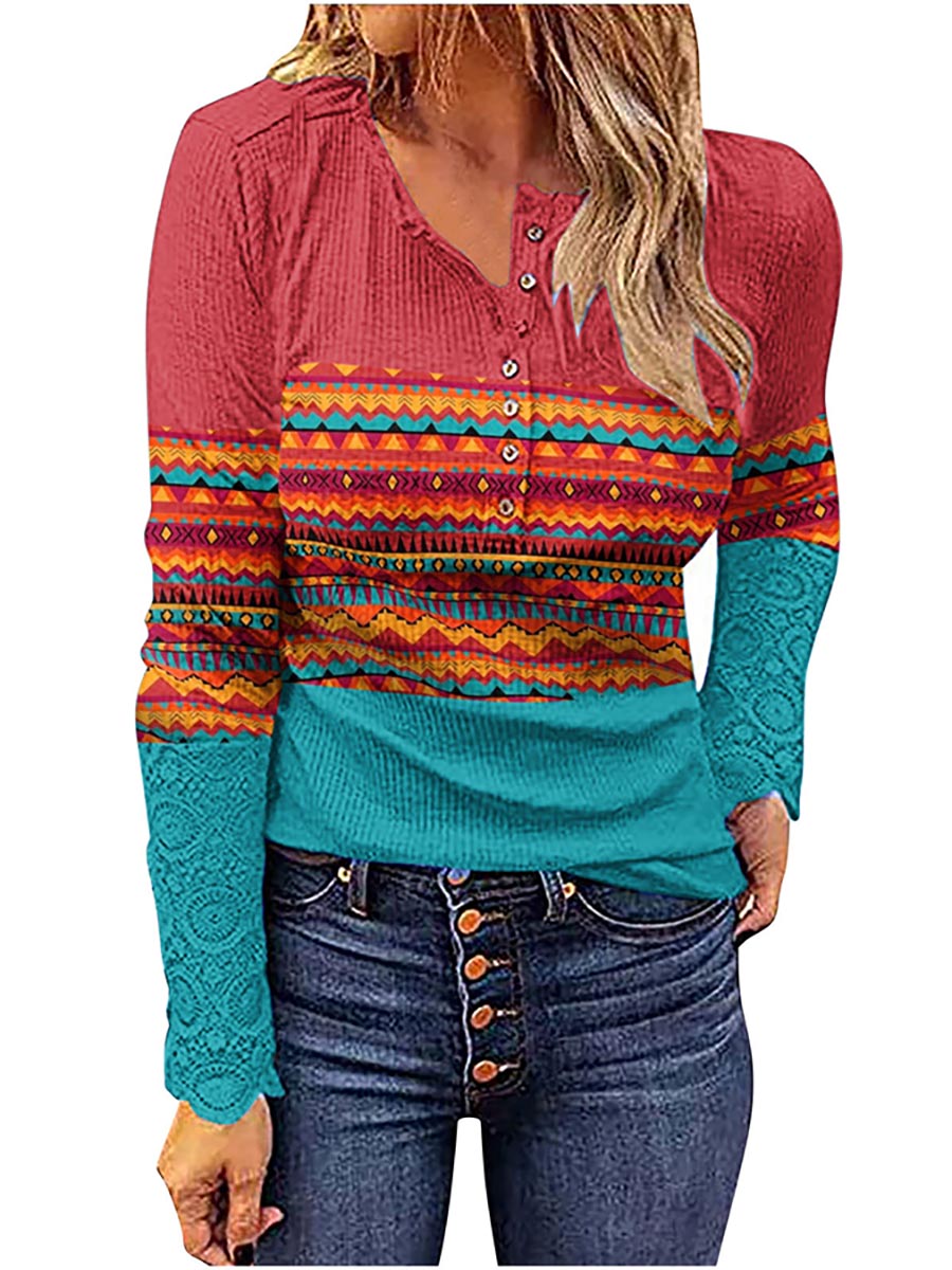 Lunimesd V Neck Buttons Printed Bottoming Shirt