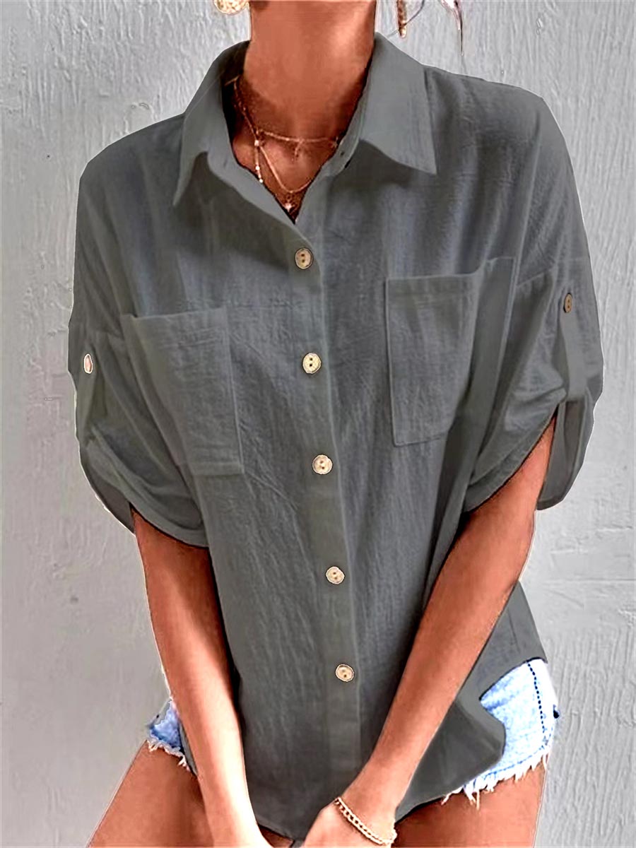 Lunimesd Long Sleeves Pocket Lapel Cotton Linen Shirt