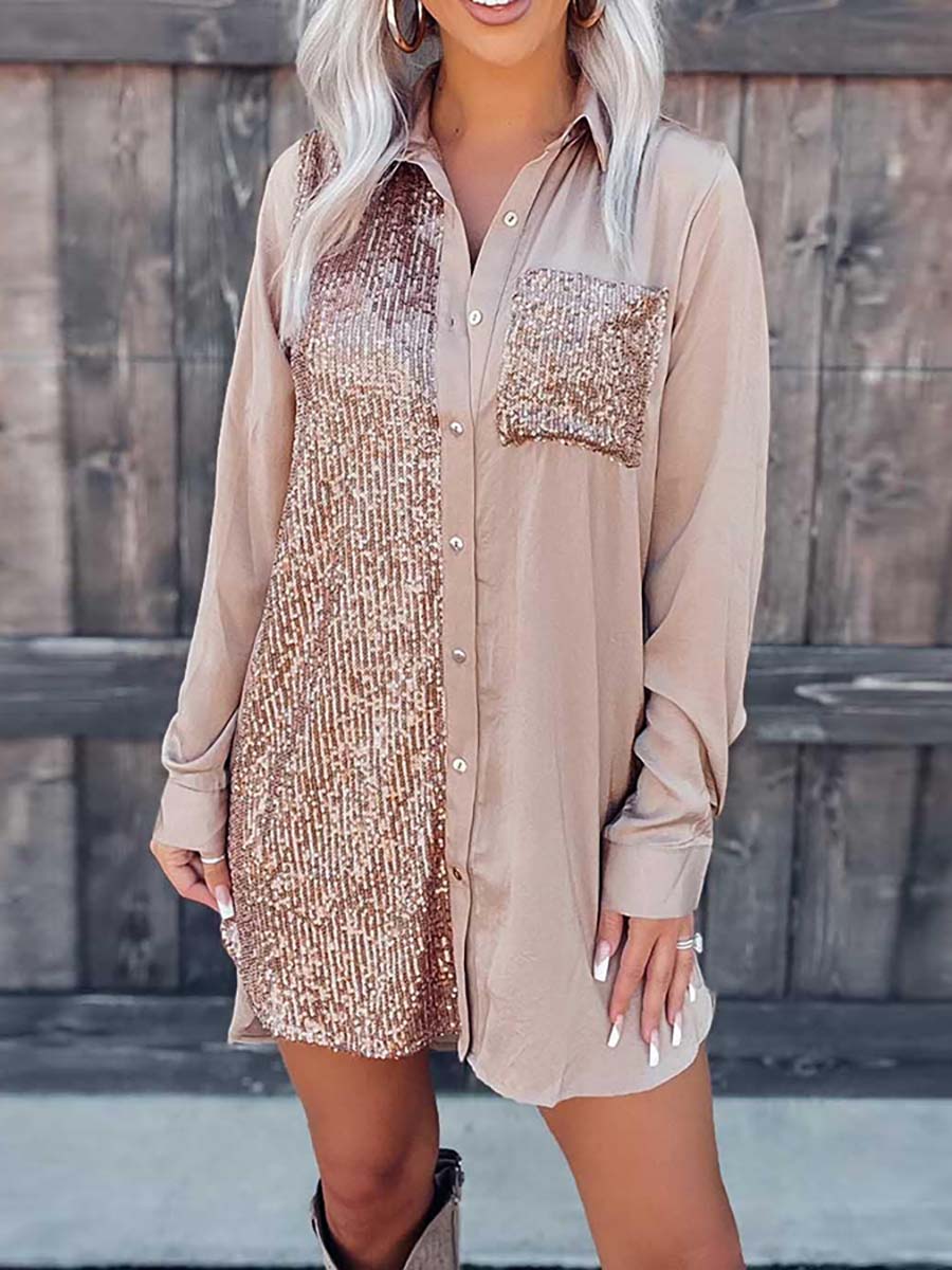 Lunimesd Satin Sequin Button Down Shirt Dress