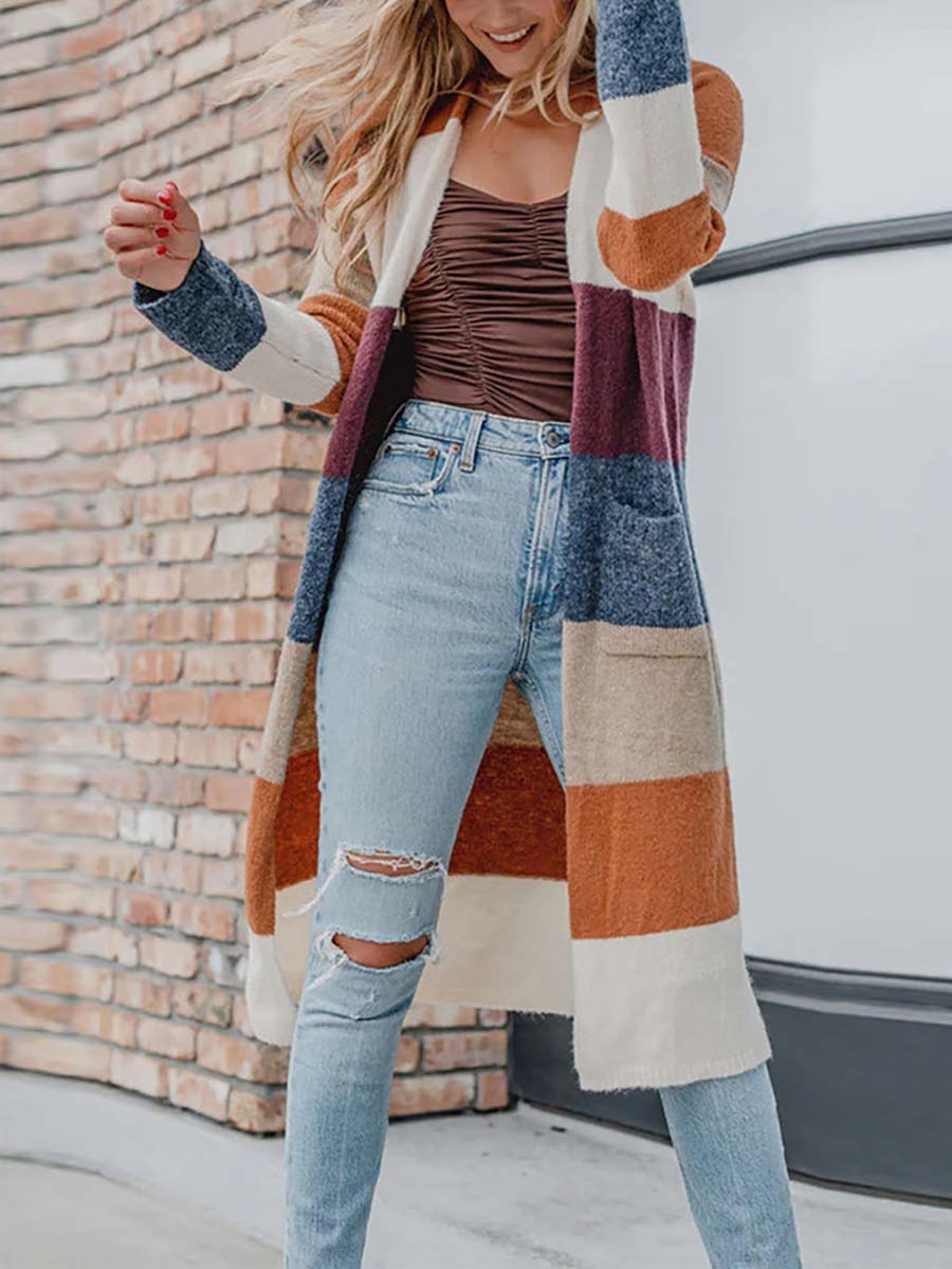 Lunimesd Multicolor Knitted Color Block Open Front Long Cardigan