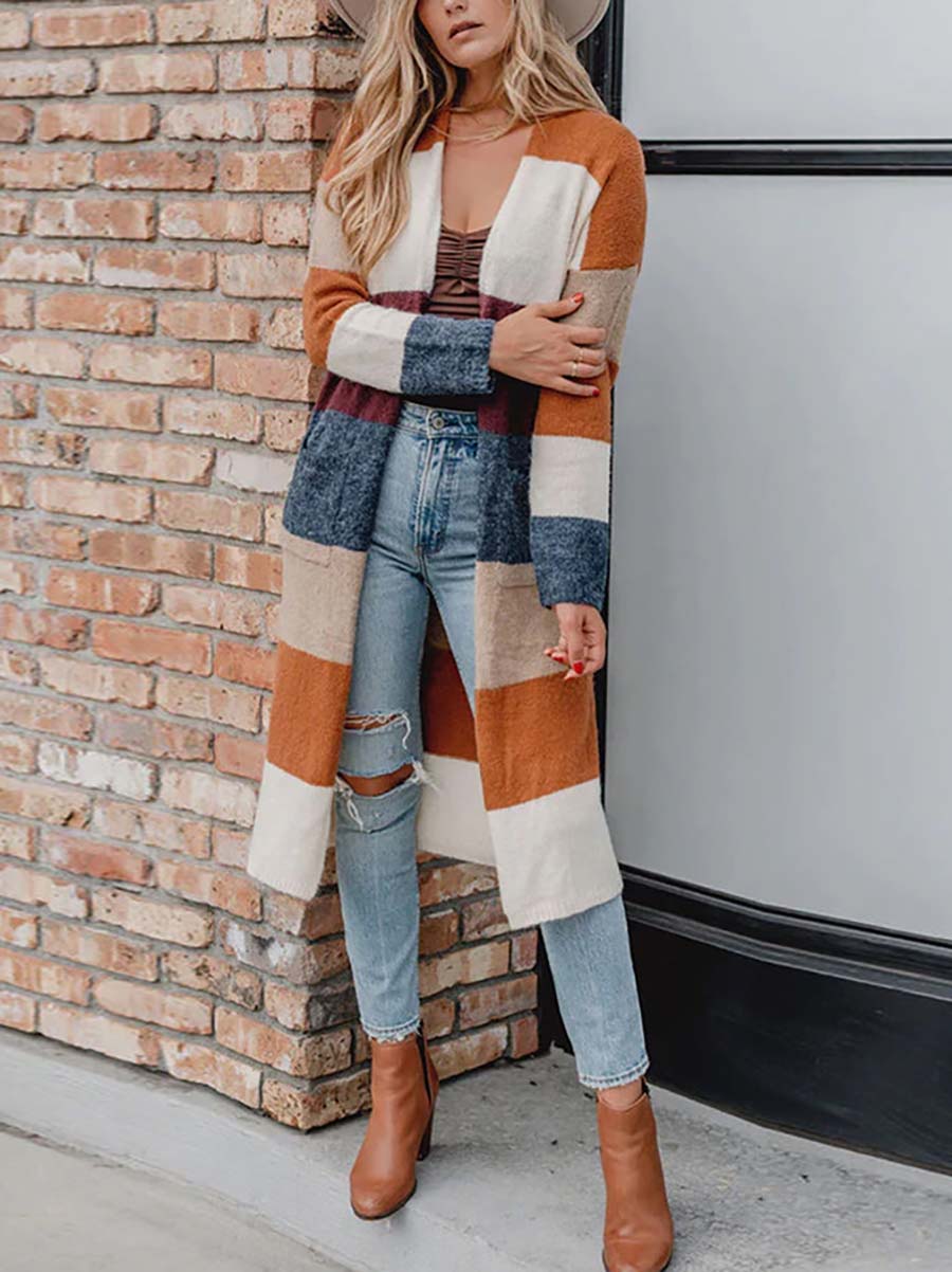 Lunimesd Multicolor Knitted Color Block Open Front Long Cardigan