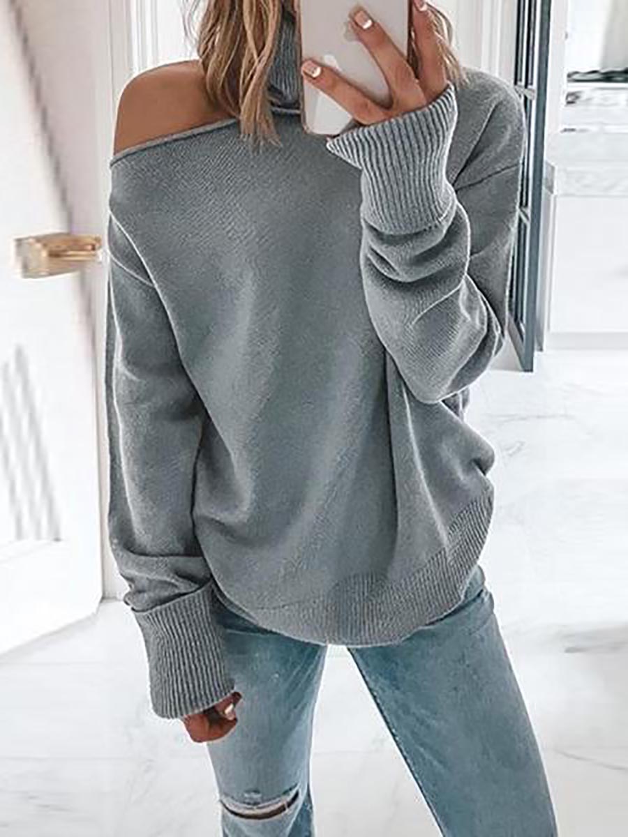 Lunimesd Turtleneck Cold Shoulder Solid Knit Pullovers