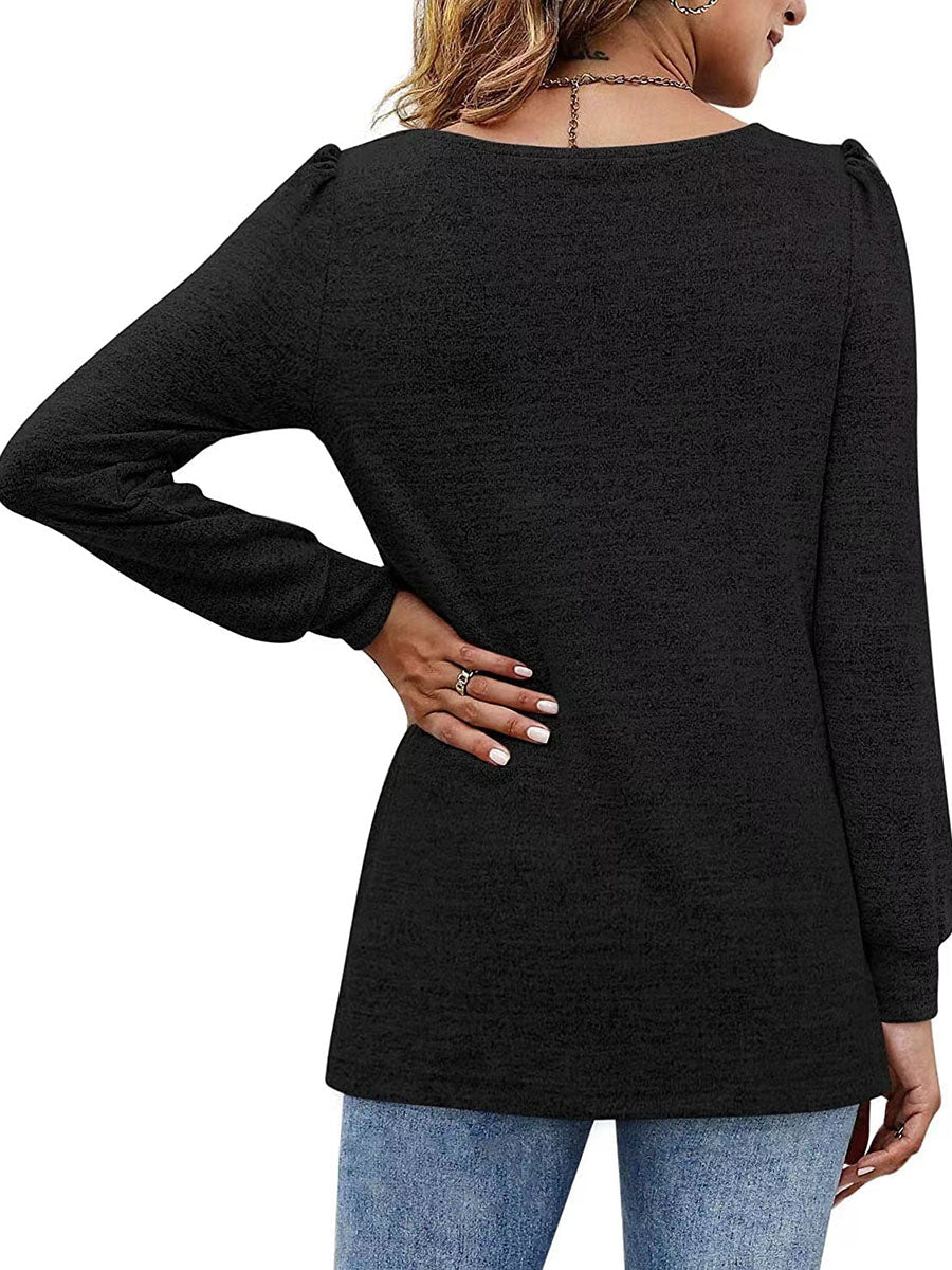 Lunimesd Solid Color U-Neck Ruffled Long Sleeve Casual Shirt