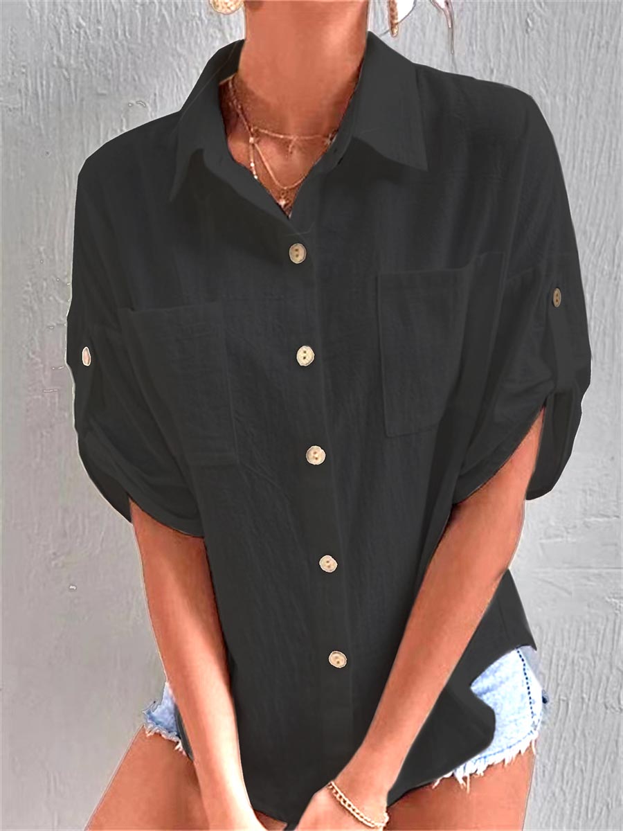 Lunimesd Long Sleeves Pocket Lapel Cotton Linen Shirt