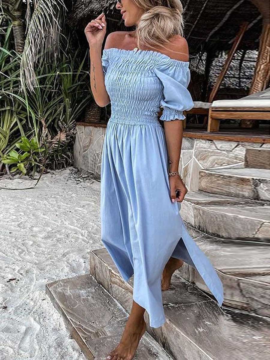 Lunimesd Forever After All Smocked Off Shoulder Slit Dress