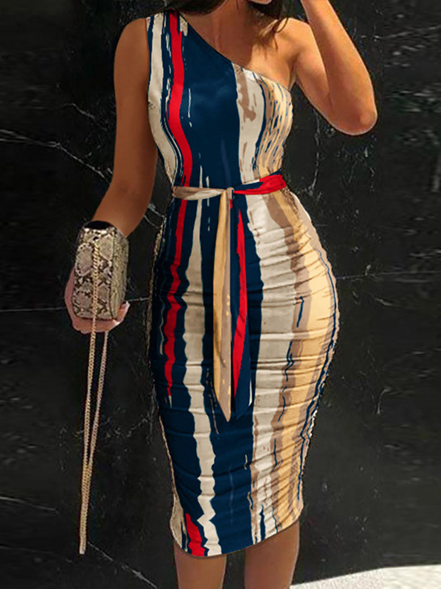 Lunimesd Abstract Print One Shoulder Ruched Bodycon Dress