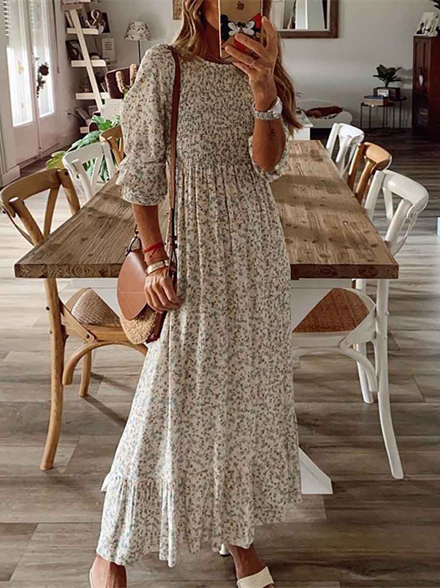 Lunimesd Smocked Print Maxi Dress