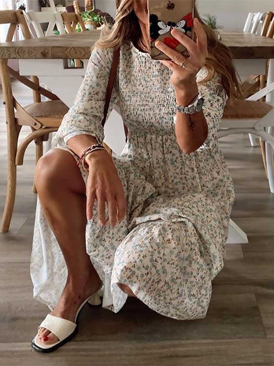 Lunimesd Smocked Print Maxi Dress