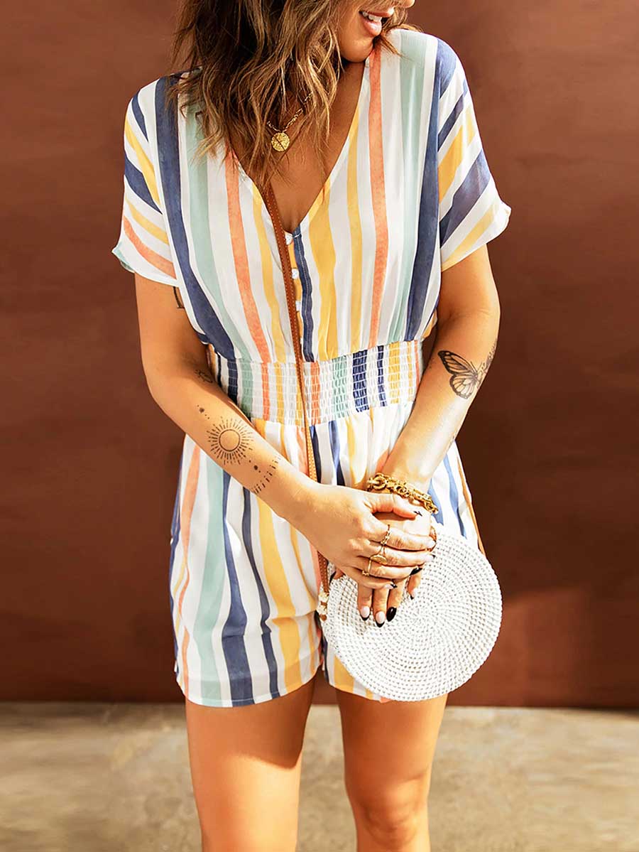 Lunimesd Elastic Waist Striped Print V-Neck Jumpsuit
