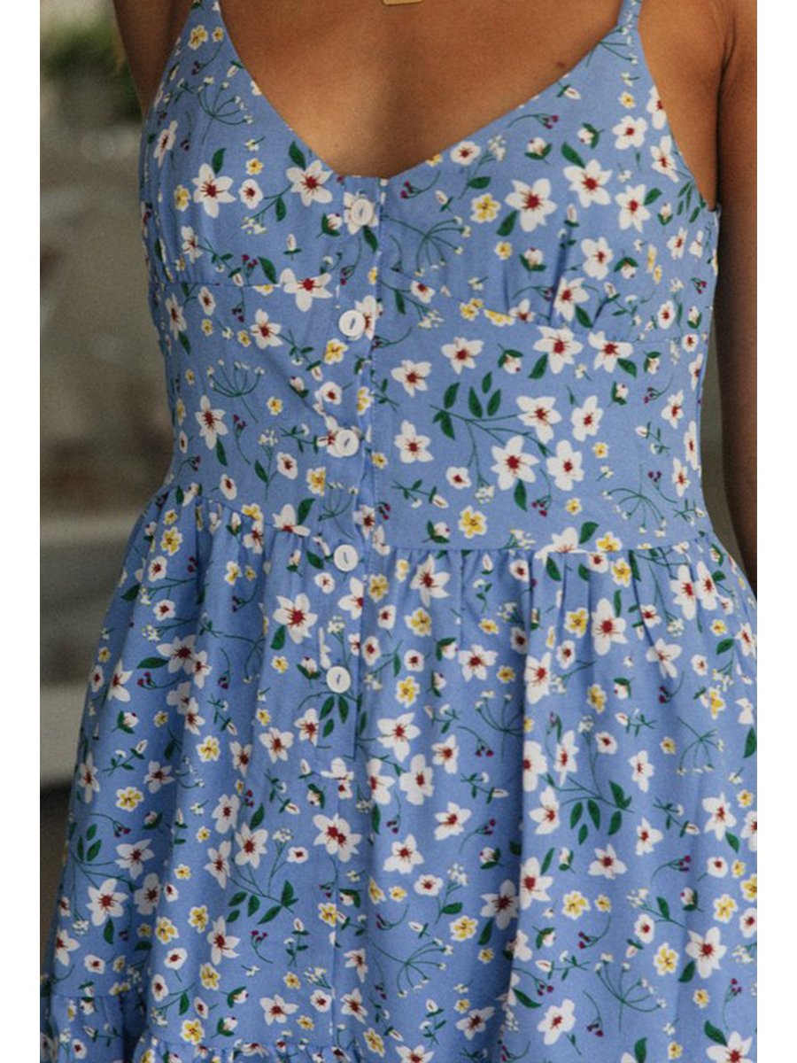 V-neck Straps Ruffle Print Mini Dress