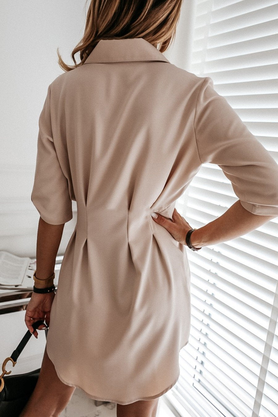 Lunimesd Solid Color Shirt Collar Mini Dreess