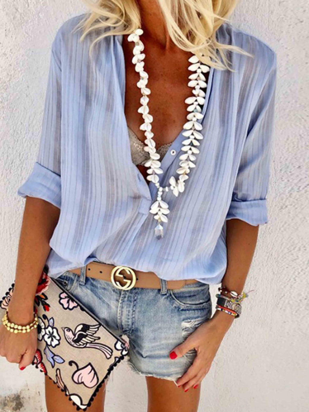 Lunimesd Casual V Neck Button Blouse Tops