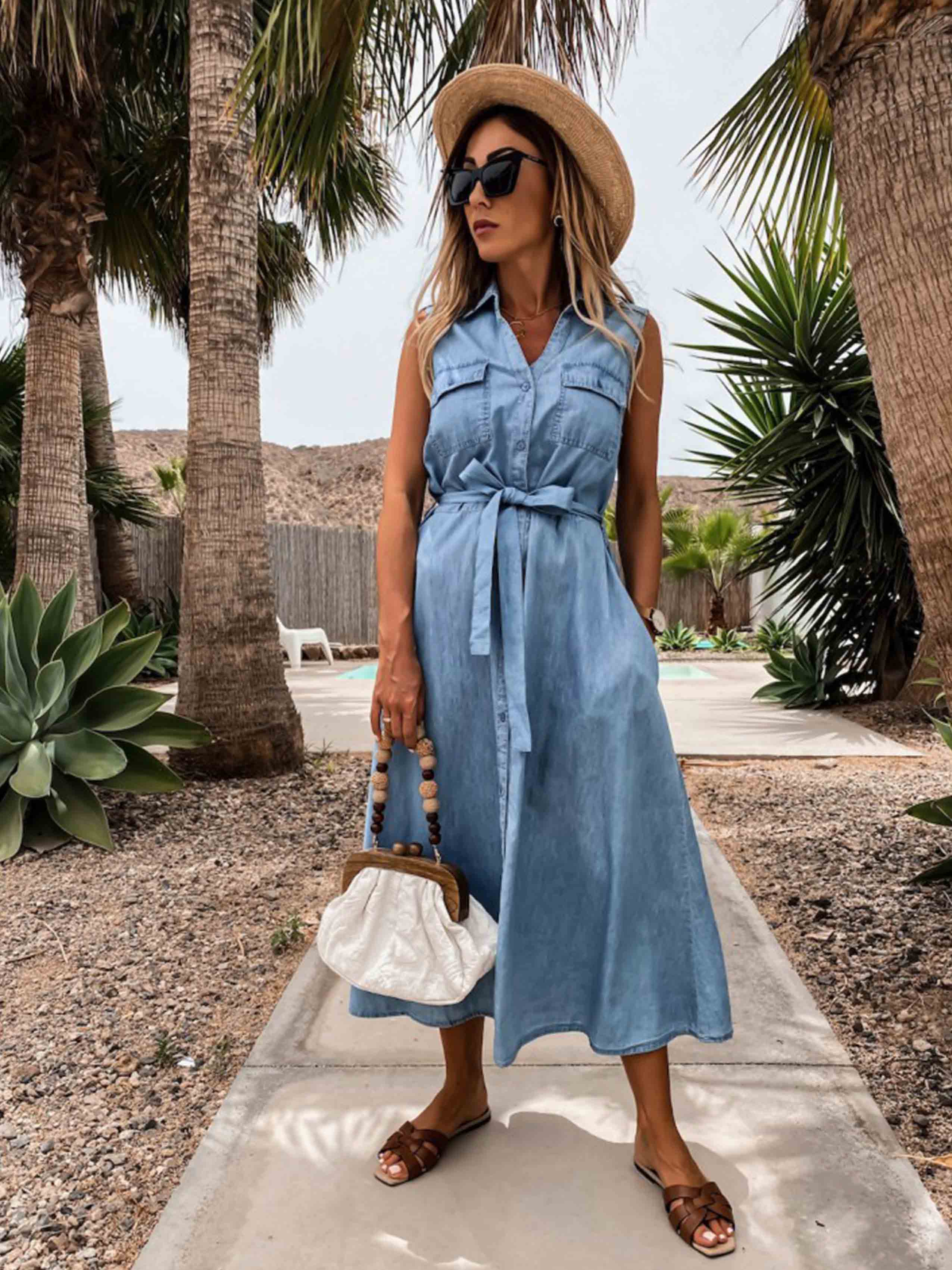 Lunimesd Single-Breasted Denim Dress With Belt
