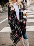 Lunimesd Plaid Fringed Knit Shawl Coat