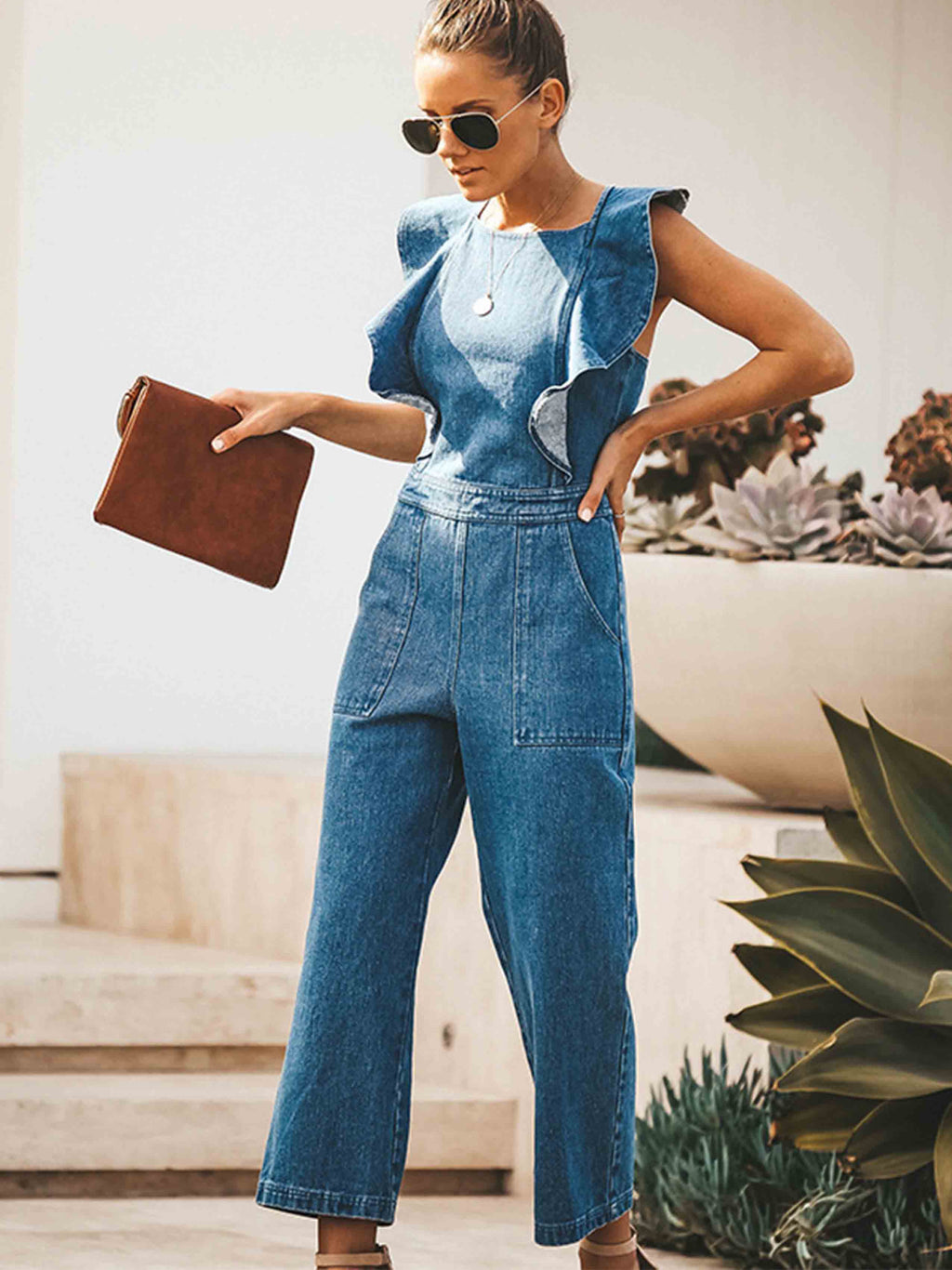 Lunimesd O Neck Flouncing Denim Jumpsuit