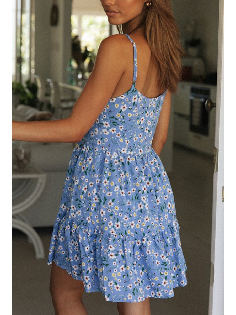 V-neck Straps Ruffle Print Mini Dress